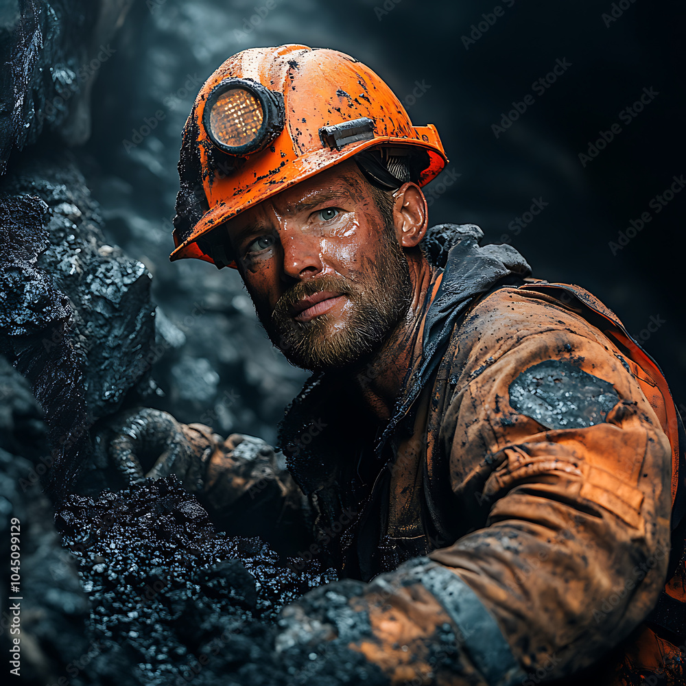 A miner in work uniform and an orange hard hat is seen extracting coal in dark environment. His face is covered in dirt, showcasing hard work and dedication required in this profession A miner in work uniform and an orange hard hat is seen extracting coal in dark environment. His face is covered in dirt, showcasing hard work and dedication required in this profession