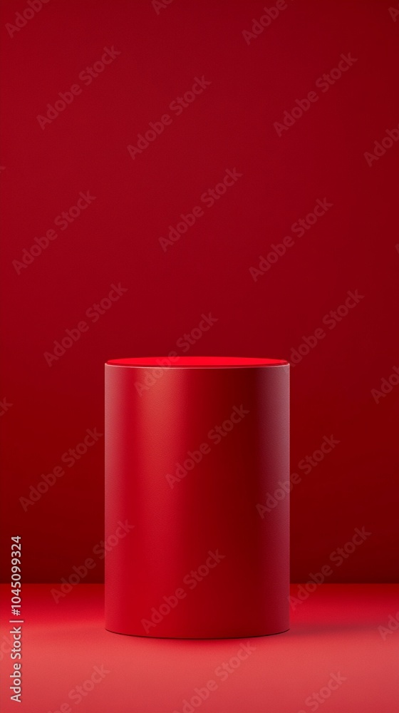 Minimalist red cylindrical podium on vibrant crimson background, creating a bold monochromatic display for product presentation or artistic concept. Minimalist red cylindrical podium on vibrant crimson background, creating a bold monochromatic display for product presentation or artistic concept.