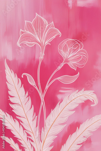 Abstract pink background with a symbolical outline flowers and leaves. 