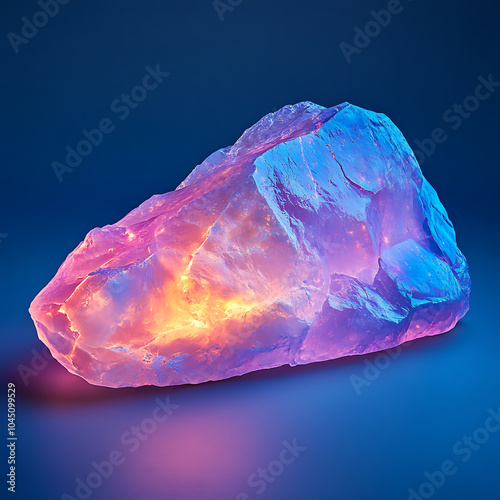 A soft, asymmetrical glowing opalescent rock radiates vibrant colors against dark background, creating mesmerizing visual effect. Its unique shape and luminous qualities evoke sense of wonder and tran