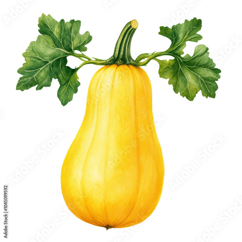 Bright yellow squash with green leaves on a transparent background. photo