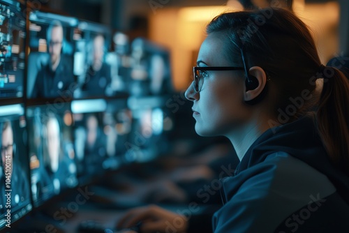 Focused Female Analyst Engaging with Multiple Screens in a High-Tech Environment