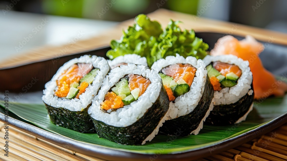 Sushi rolls with fresh ingredients on a plate, garnished with lettuce and ginger. Sushi rolls with fresh ingredients on a plate, garnished with lettuce and ginger.