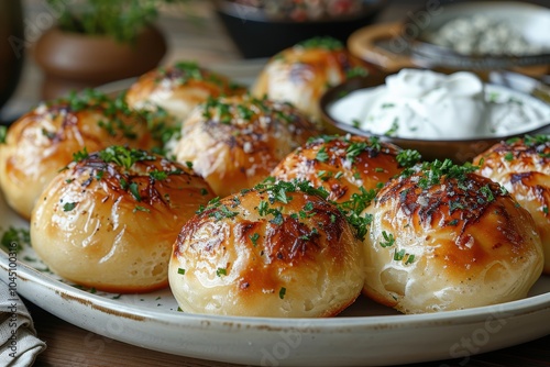 A dish of Russian pirozhki, small buns filled with meat or cabbage, arranged on a platter with a side of sour cream