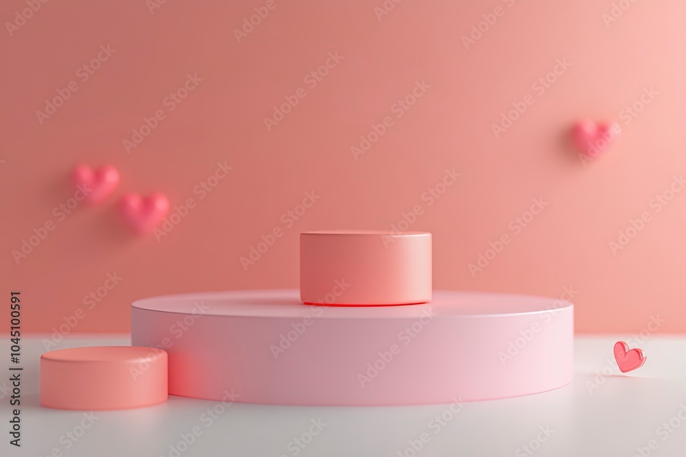Abstract mock up scene. Round podium shape for display product, present and advertising with hearts. 3D rendering with generative ai Abstract mock up scene. Round podium shape for display product, present and advertising with hearts. 3D rendering with generative ai
