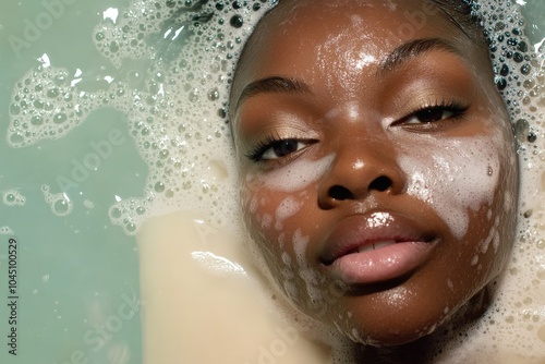 Milk Bath Spa Treatment for Face Care. Black Woman Bathe in Bath Tub