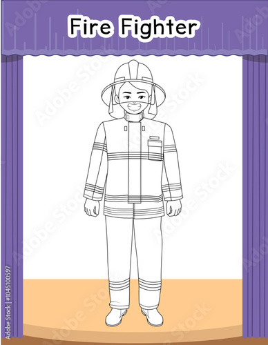 Kids firefighters. Children firemen cartoon cute characters, child brave fireman in hat with hose rescue equipment funny firefighter boy girl kid brigade vector illustration of child firefighter