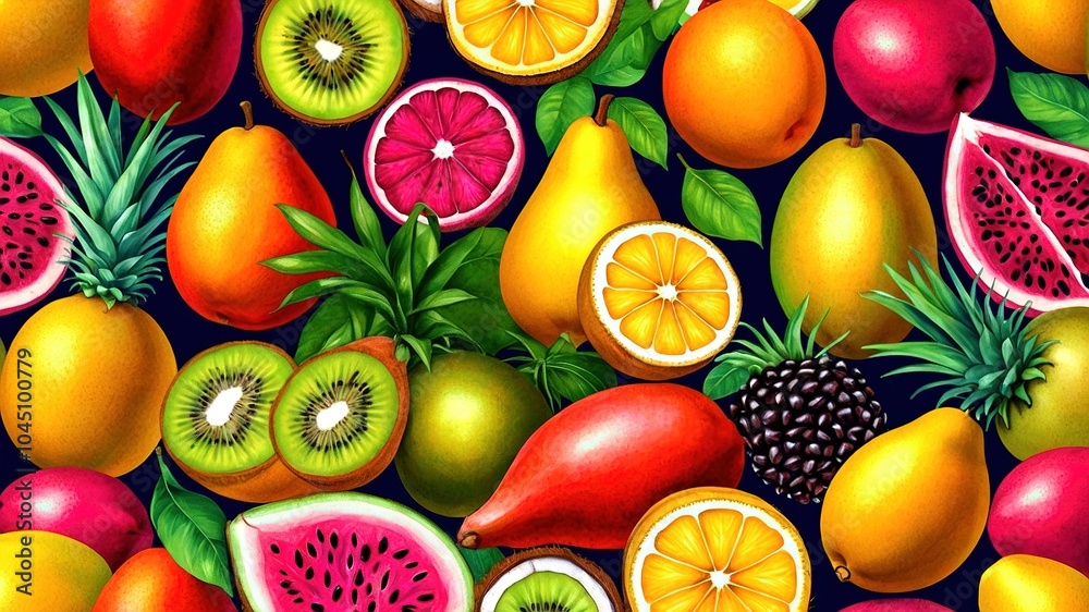 Colorful Fruit Pattern - Seamless Hand Drawn Mango Coconut Lemon Kiwi Orange Watermelon Banana Dragonfruit Pineapple Colorful Fruit Pattern - Seamless Hand Drawn Mango Coconut Lemon Kiwi Orange Watermelon Banana Dragonfruit Pineapple