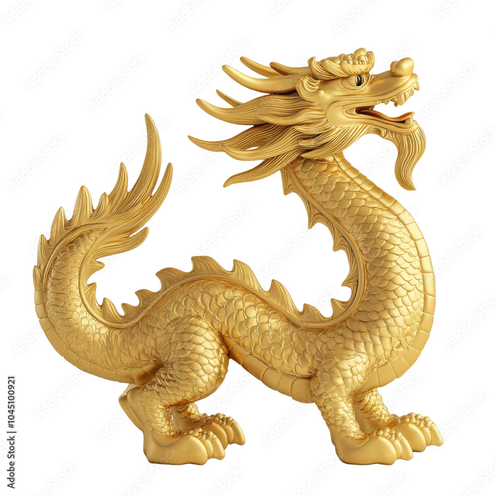 Obraz premium Golden dragon figure with intricate details, on a transparent background.