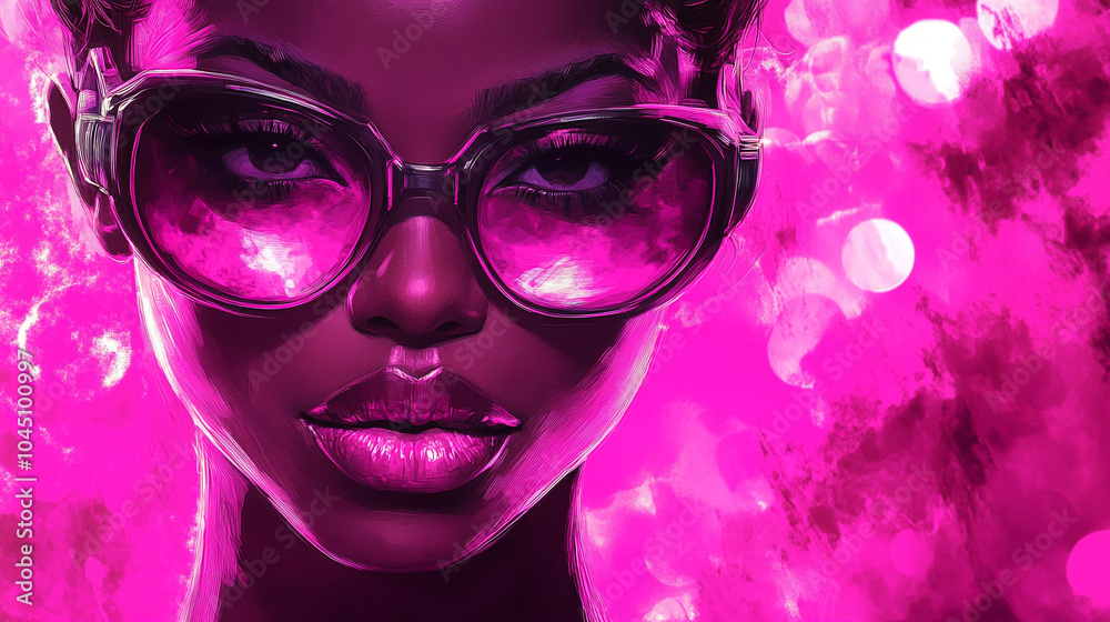 Glamorous Black woman with futuristic sunglasses in vibrant pink tones Glamorous Black woman with futuristic sunglasses in vibrant pink tones