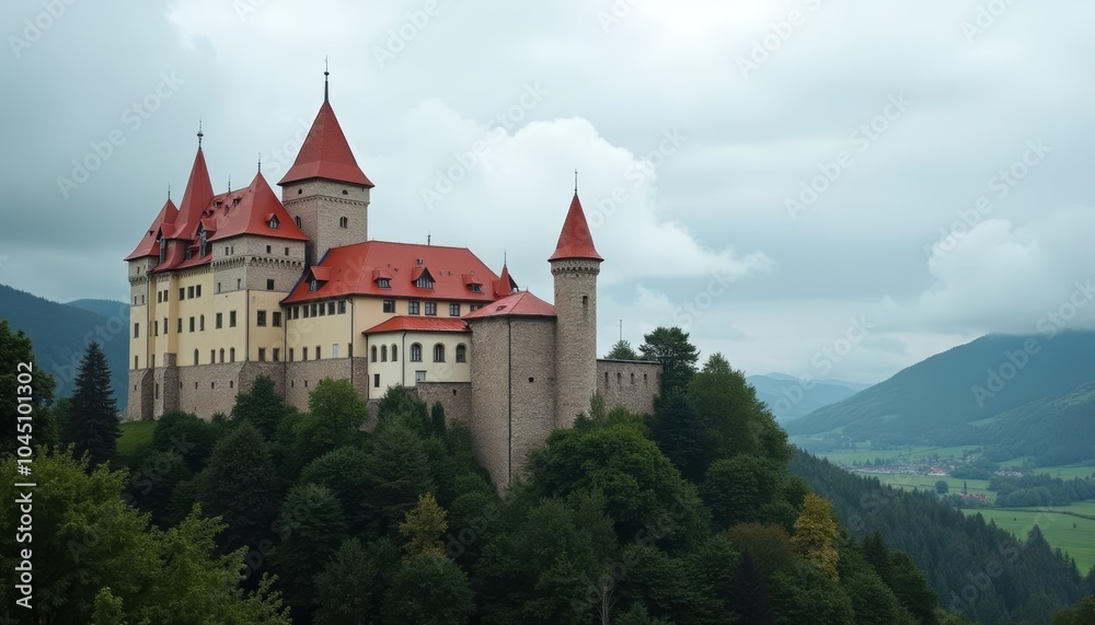Fototapeta premium Enchanting castle perched atop a verdant hill overlooking a serene valley