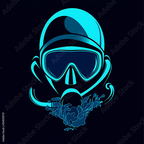 Diving mask illustration with vibrant blue tones, showcasing an underwater theme. design captures essence of exploration and adventure in ocean depths photo