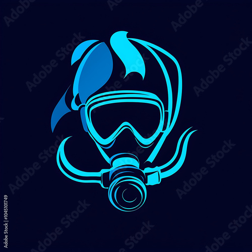 Diving mask illustration with sleek design, featuring gas mask and flowing hair, perfect for modern branding or creative projects photo