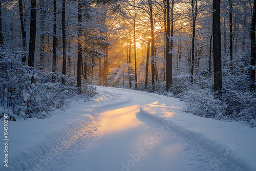 A tranquil snow-covered trail winding through a quiet winter forest, with frosted trees and soft sunlight creating a serene atmosphere.