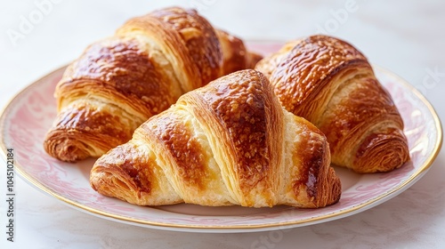 Freshly baked croissants on a delicate plate, perfect for breakfast.