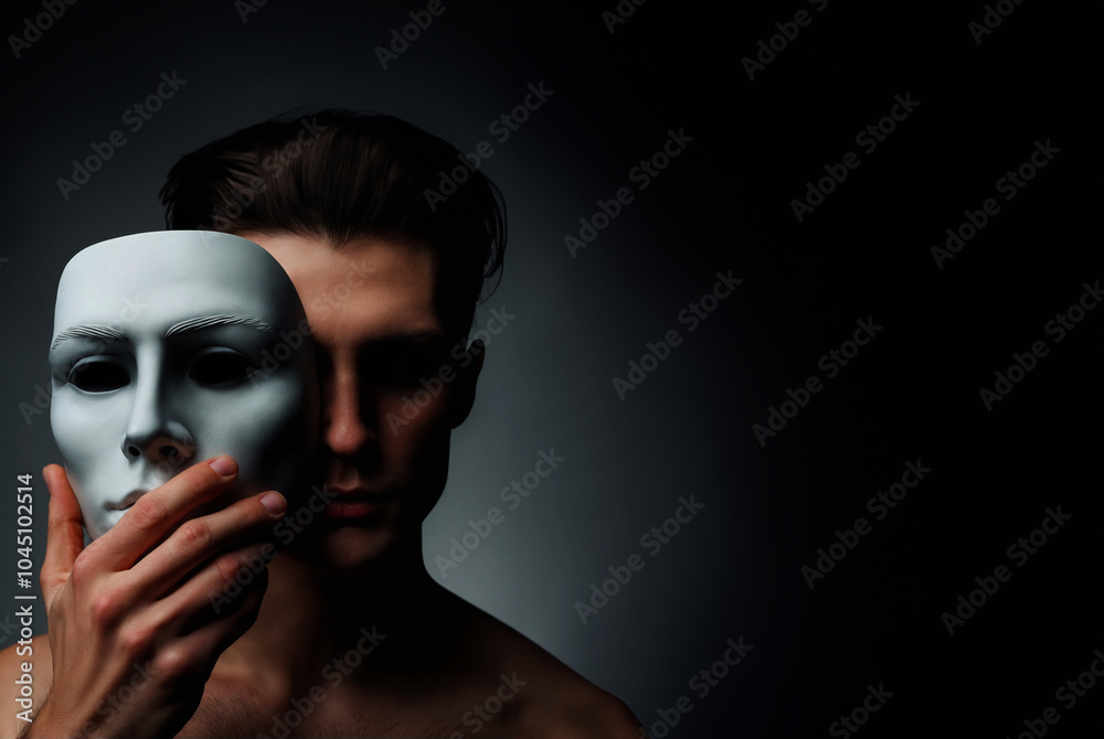 man holding a white mask in front of his face, aprtially hidden, photo realistic illustration man holding a white mask in front of his face, aprtially hidden, photo realistic illustration