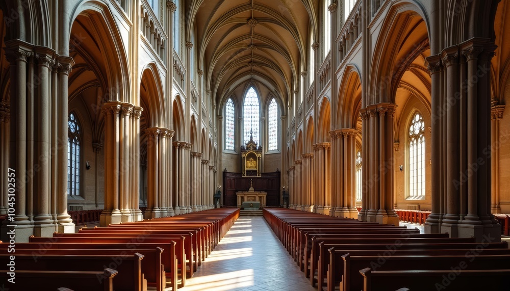 Obraz premium Elegant church interior with arches and stained glass windows