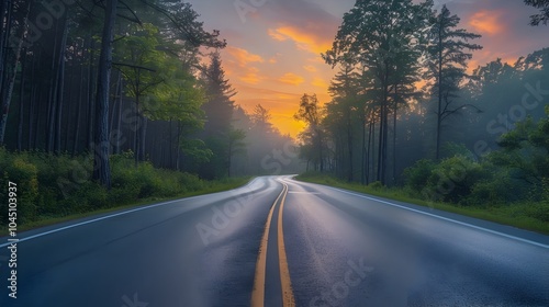 Winding Forest Highway at Sunrise Scenic Landscape