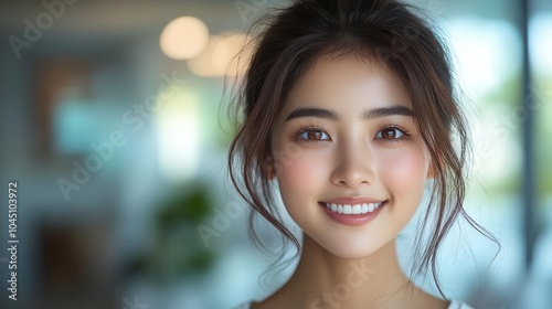 close-up portrait of a beautiful asian woman smiling softly at the camera, highlighting her smooth skin and natural beauty in flattering studio light