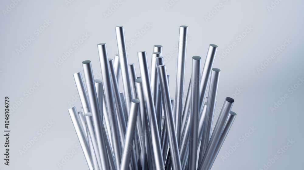 collection of steel bars arranged in dynamic formation, showcasing their sleek metallic surface and cylindrical shapes. image conveys sense of modernity and industrial design collection of steel bars arranged in dynamic formation, showcasing their sleek metallic surface and cylindrical shapes. image conveys sense of modernity and industrial design