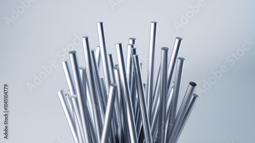 collection of steel bars arranged in dynamic formation, showcasing their sleek metallic surface and cylindrical shapes. image conveys sense of modernity and industrial design