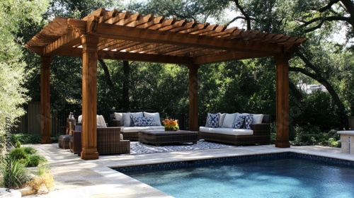 Wooden pergola framing a cozy outdoor seating area beside a pool  creating a stylish yet serene setting.
