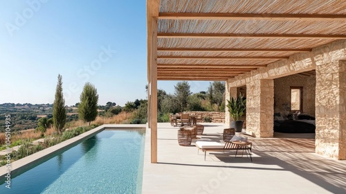 Wooden pergola with minimalist outdoor furniture beside a pool  creating a peaceful summer vibe.