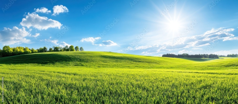 Fototapeta premium Lush green field with rolling hills under a bright blue sky with fluffy clouds.