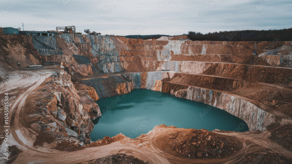 Aerial view of large quarry featuring steep rock walls and turquoise lake at bottom, showcasing industrial landscape and natural beauty Aerial view of large quarry featuring steep rock walls and turquoise lake at bottom, showcasing industrial landscape and natural beauty