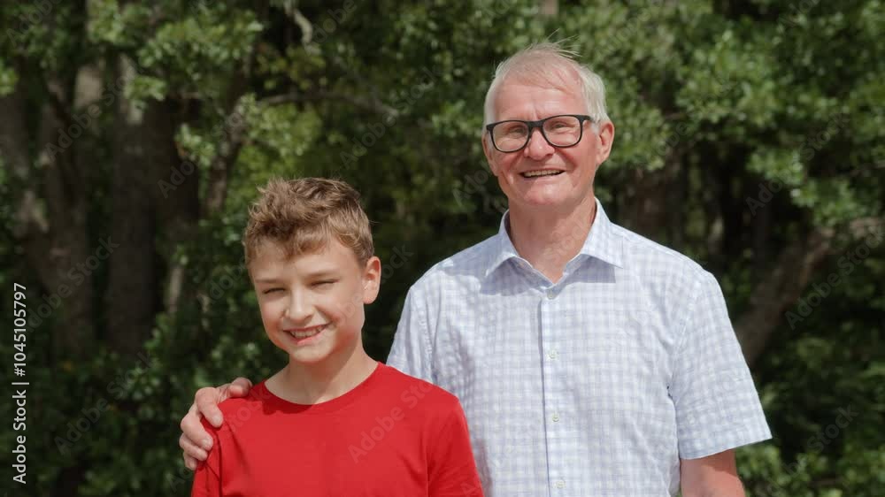 Portrait grandfather and teenage boy on walk during windy day. Senior man and his grandson smiling and hugging standing on beach with trees on background Portrait grandfather and teenage boy on walk during windy day. Senior man and his grandson smiling and hugging standing on beach with trees on background