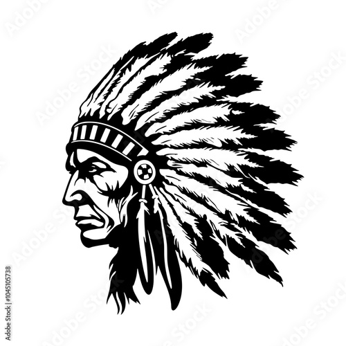 Indian Chief – A Striking and Symbolic Illustration of Native American Heritage, Perfect for Cultural Art, Apparel, and Tribal-Themed Designs. This Detailed Depiction of a Proud Indian Chief