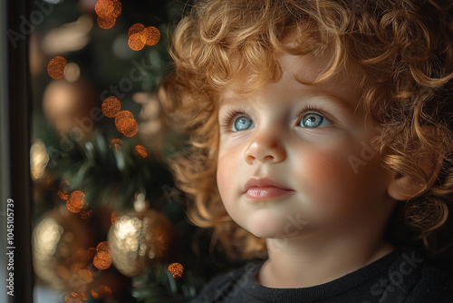 Generative AI cute picture of small child awaiting xmas new year gifts miracle atmosphere