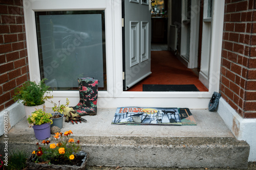 Halloween Doormat, Wellies and Gardening Tools In Front of an Open House Door photo