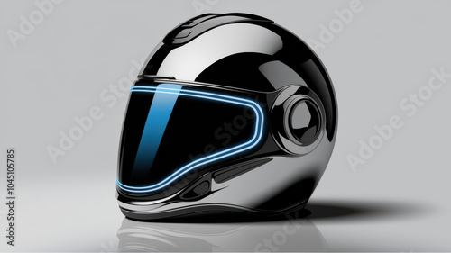 sleek, futuristic motorcycle helmet with shiny chrome finish and illuminated blue accents, designed for high speed performance and safety photo