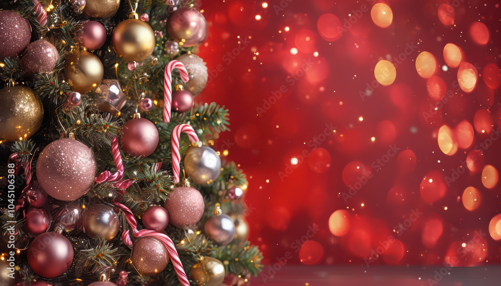 beautifully decorated Christmas tree adorned with gold, pink, and silver ornaments, candy canes, and twinkling lights creates festive atmosphere against vibrant red background filled with sparkling beautifully decorated Christmas tree adorned with gold, pink, and silver ornaments, candy canes, and twinkling lights creates festive atmosphere against vibrant red background filled with sparkling