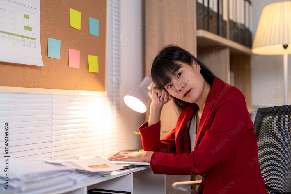 Stressed asian accountant woman working late at night feeling tired with burnout and overload Stressed asian accountant woman working late at night feeling tired with burnout and overload