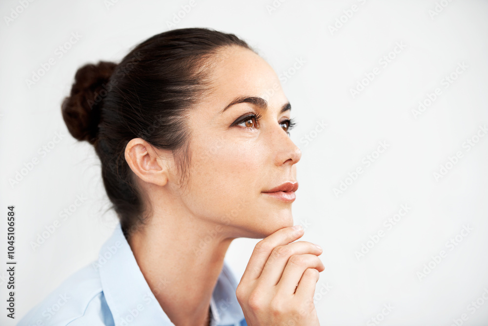 Businesswoman, ideas and thinking in studio of memory, daydreaming and reflection. Professional, remember and thoughtful financial advisor with investment, insight and confidence by white background Businesswoman, ideas and thinking in studio of memory, daydreaming and reflection. Professional, remember and thoughtful financial advisor with investment, insight and confidence by white background