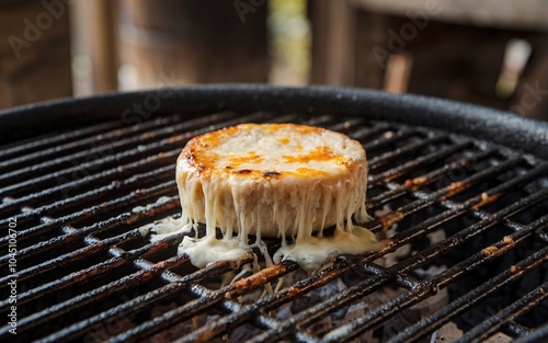 Cheese Close-up of a round cheese on a hot grill, melting and dripping. photo