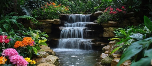 Serene waterfall cascading down mossy rocks with lush greenery and colorful flowers in a tranquil garden.