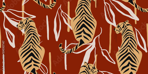 Tigers seamless pattern. Creative collage pattern. Fashionable template for design.
