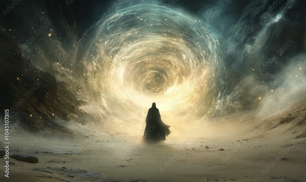 A cloaked figure approaches a swirling portal. A cloaked figure approaches a swirling portal.