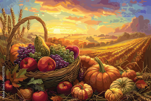 Autumn fruit organic on table harvest digital illustration