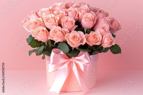 Beautiful bouquet flowers pink roses in vase and gift box with satin bow on pastel pink background table. Birthday, Wedding, Mother's Day, Valentine's day, with generative ai