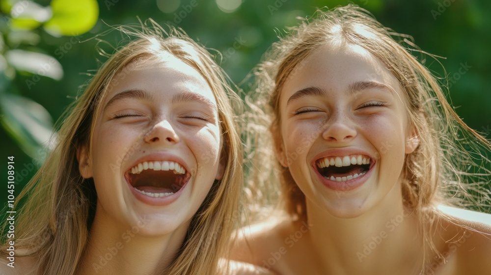 Two young women laughing joyfully in a sunlit garden, AI Two young women laughing joyfully in a sunlit garden, AI
