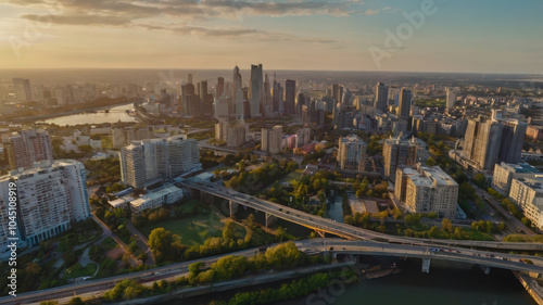 Aerial view of vibrant city skyline featuring modern buildings, bridges, and lush green spaces under golden sunset. scene captures dynamic urban landscape and serene waterways