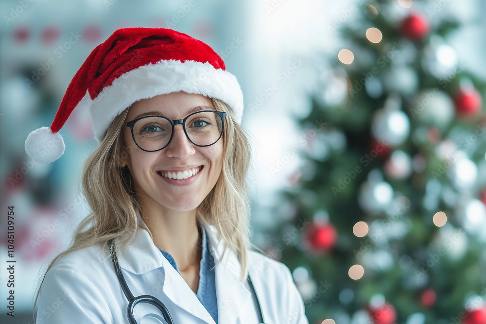 Φωτογραφία Portrait of a happy female doctor wearing robe and santa hat working in a hospit