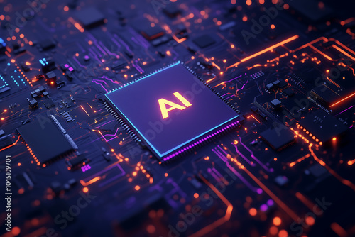 AI, Machine learning, AI chips with digital circuit lines around them. themes of artificial intelligence, computing, and digital transformation.	