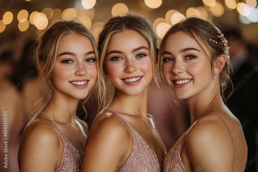 Three beautiful bridesmaids smiling at wedding reception party Three beautiful bridesmaids smiling at wedding reception party