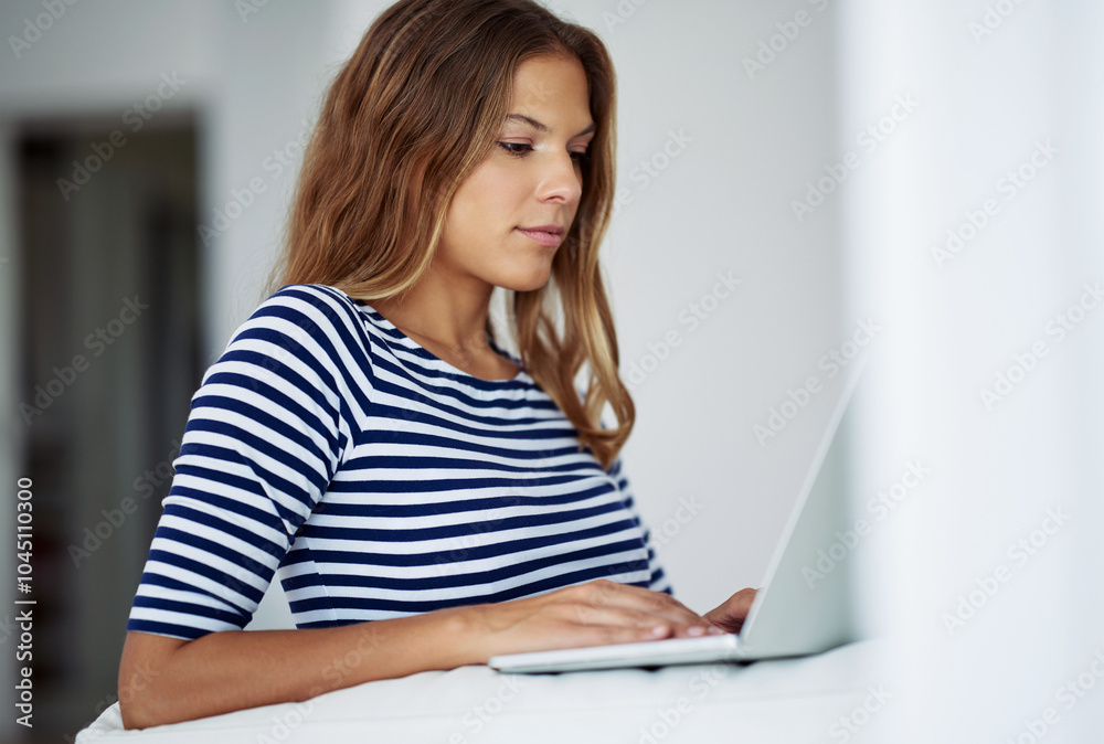 Typing, laptop and woman in home for remote work, reading blog or relax on sofa. Freelancer, content writer or online for research, writing and proofreading article for social media platform or email Typing, laptop and woman in home for remote work, reading blog or relax on sofa. Freelancer, content writer or online for research, writing and proofreading article for social media platform or email