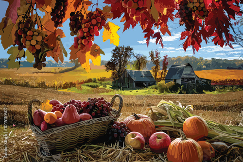 Autumn fruit organic on table harvest digital illustration